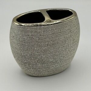 Modern Ribbed Metallic Gold Ceramic Toothbrush Holder 2-Slot Oval Bathroom Decor